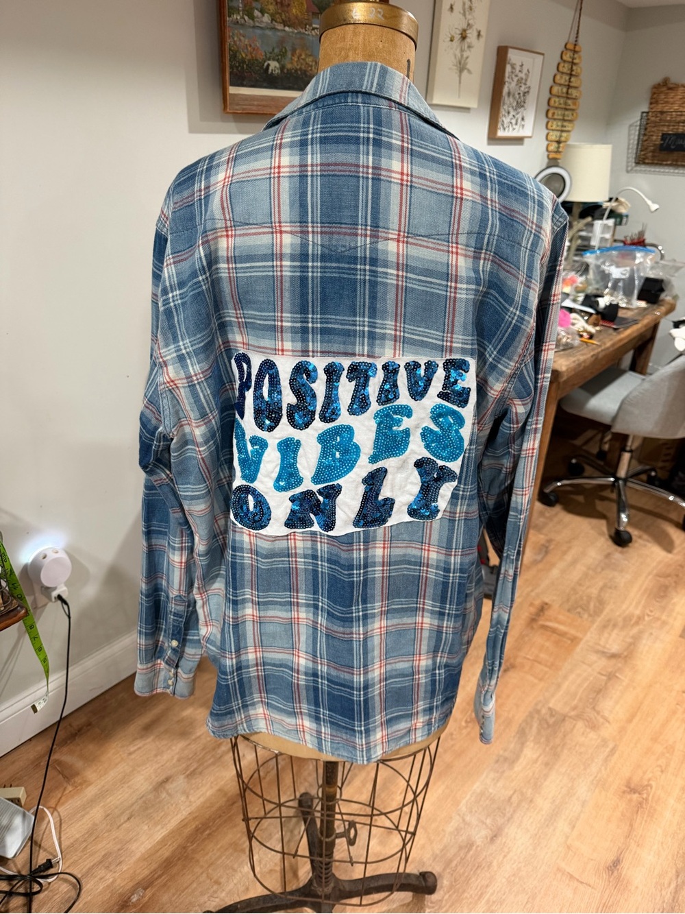 Lucky Brand Blue Plaid Button-Down Shirt with 'Positive Vibes Only' Patch